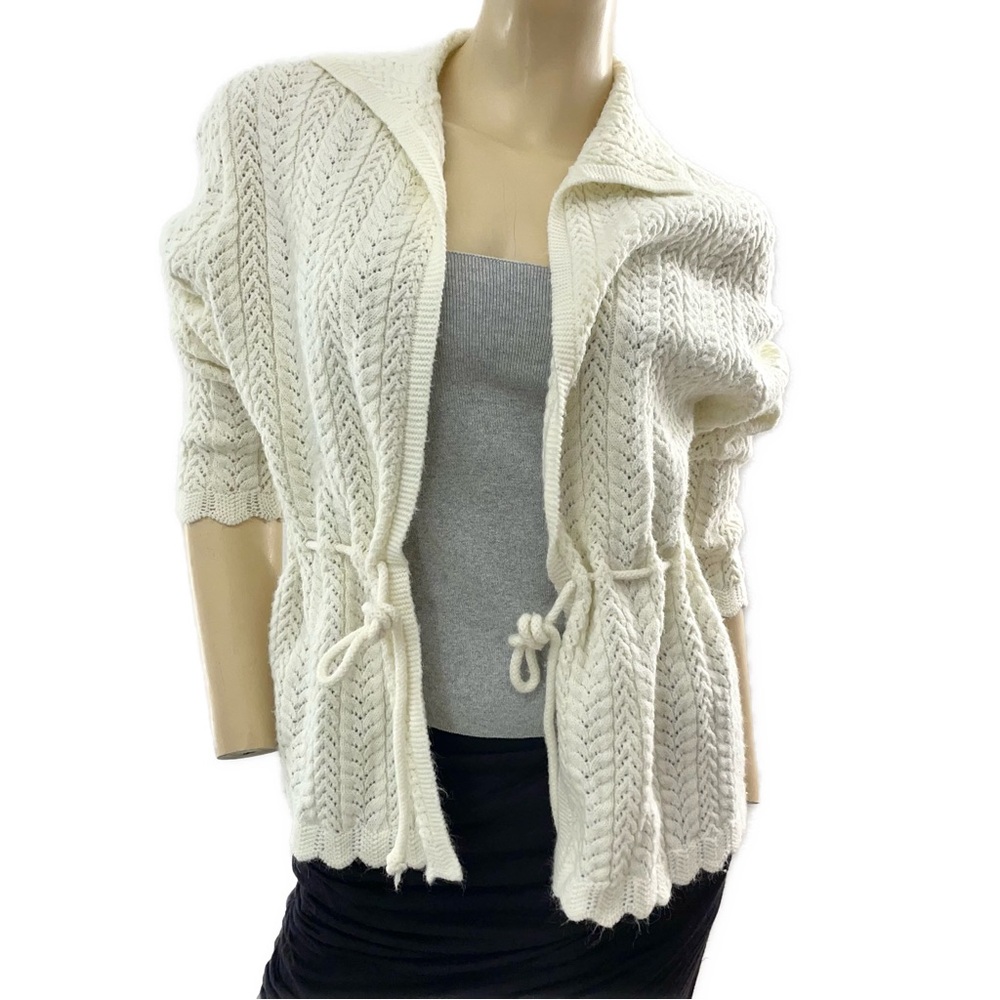 Vintage- cuddle knit tie waist open cardigan with collar- large
